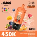 Bang Leader 450 000 bouffées : assortiment de saveurs myrtille glacée, pêche, mangue, pastèque, fruit de la passion, melon, pomme
