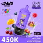 Bang Leader 450 000 bouffées – Arômes : myrtille, framboise, mélange de baies, cerise de Californie, fruit de la passion, mangue
