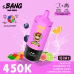 Bang Leader 450 000 bouffées – Assortiment de saveurs : Pêche glacée, Myrtille glacée, Bonbons arc-en-ciel, Citron acidulé, Orange acidulée