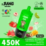 Bang Leader 450 000 bouffées – Saveurs : fraise, pastèque, kiwi, fruit de la passion, goyave, mangue, glace, pêche acidulée