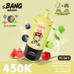 Bang Leader 450 000 bouffées : Combinaison de saveurs Pastèque glacée, Myrtille mentholée, Pomme Fuji glacée, Citron vert glacé et Romance
