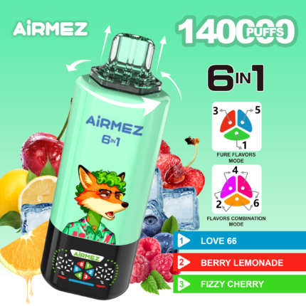 Airmez FOX 6 en 1, 140 000 bouffées, saveur n° 1 : Love 66, limonade aux fruits rouges, cerise pétillante