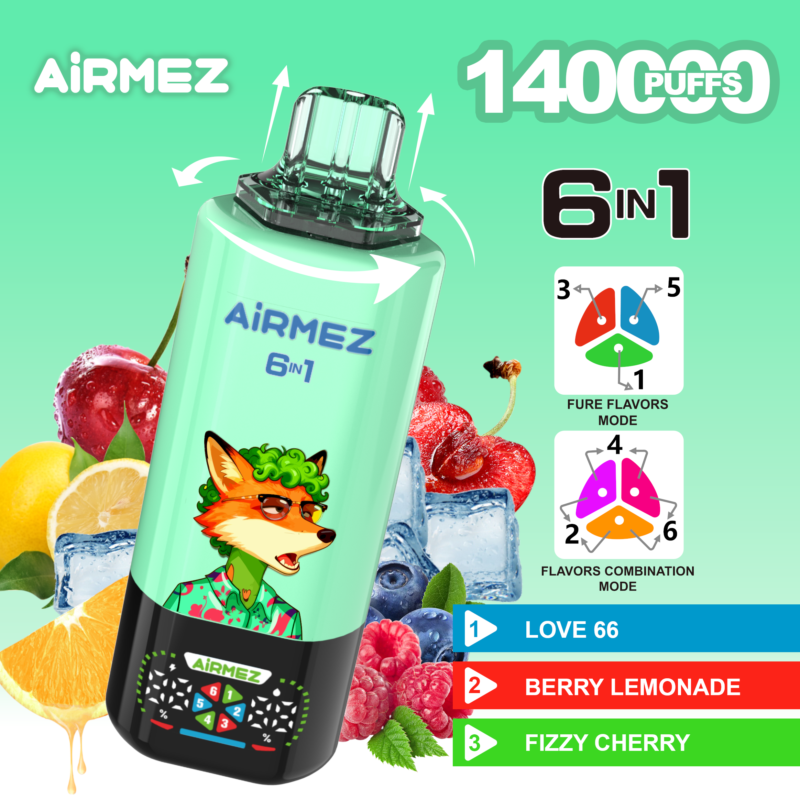 Airmez FOX 6 en 1, 140 000 bouffées, saveur n° 1 : Love 66, limonade aux fruits rouges, cerise pétillante