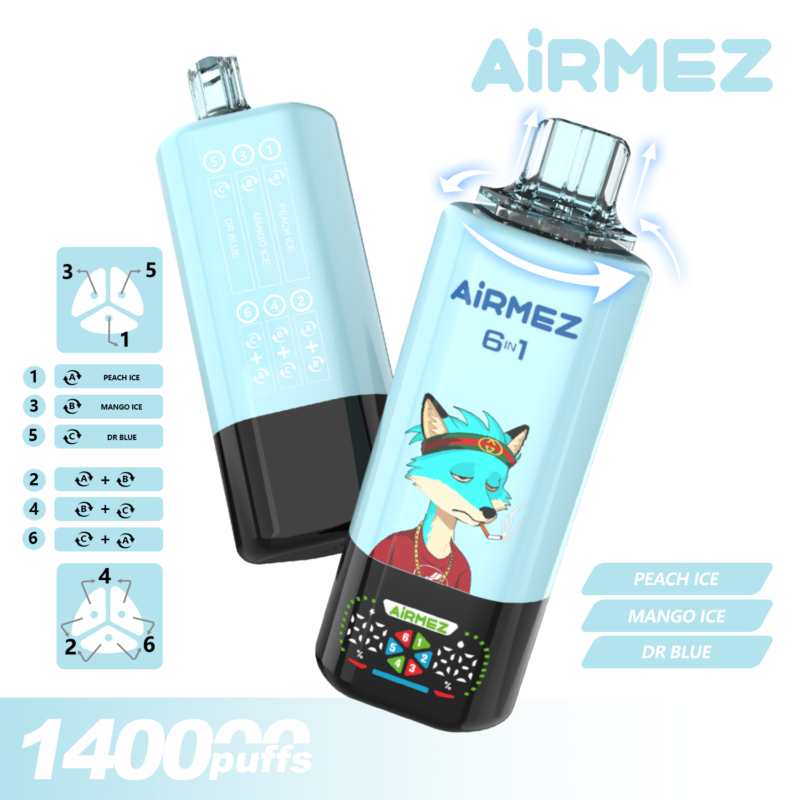 Airmez FOX 6 en 1, 140 000 bouffées, saveur n° 2 - Mélange de baies, limonade Blue Razz, cerise et baies