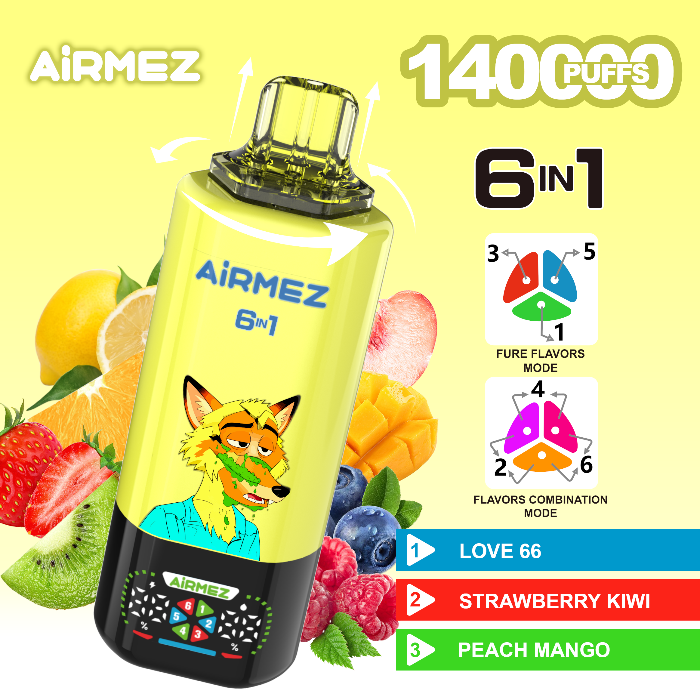 Airmez FOX 6 en 1, 140 000 bouffées, arômes n° 7 : Fraise glacée, Limonade rose, Bingo Crush