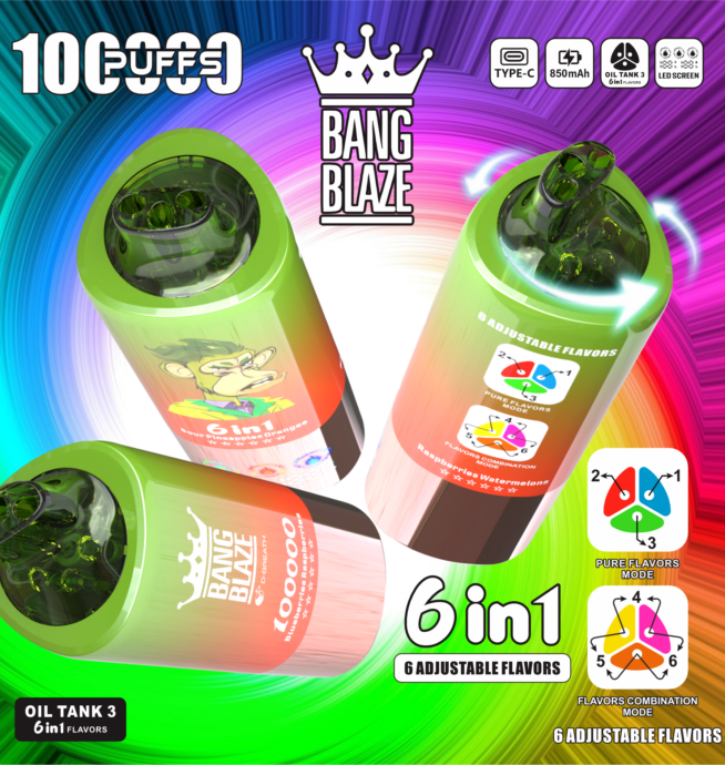 Bang Blaze 100 000 bouffées, 6 saveurs en 1 : myrtilles, framboises et ananas acidulés ; oranges et framboises ; pastèques – Cigarette électronique jetable – 100vaping