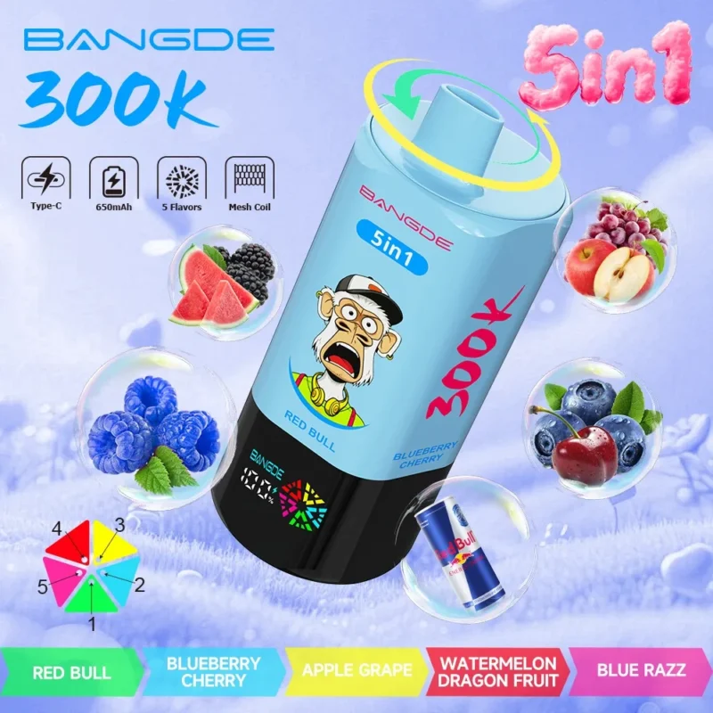 Bang DE 300K Puffs 5-in-1 Red Bull Blueberry Cherry Apple Grape Watermelon Dragon Fruit Blue Razz Flavor - 100vaping