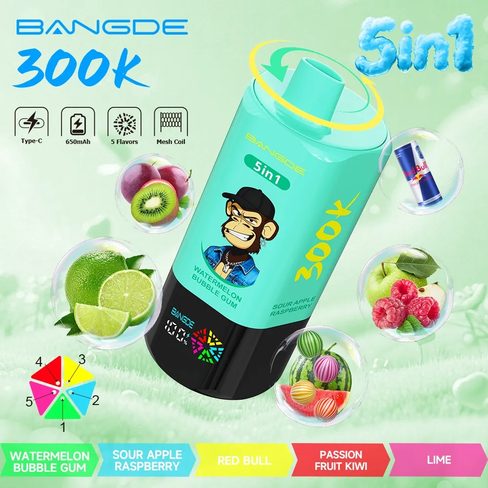 100vaping-bangde-300000-puffs-vape-5in1-flavor-watermelon-bubble-gum-sour-apple-raspberry-red-bull-passion-fruit-kiwi-lime Bang DE 300K Puffs 5-in-1 Watermelon Bubble Gum Sour Apple Raspberry Red Bull Passion Fruit Kiwi Lime Flavor - 100vaping
