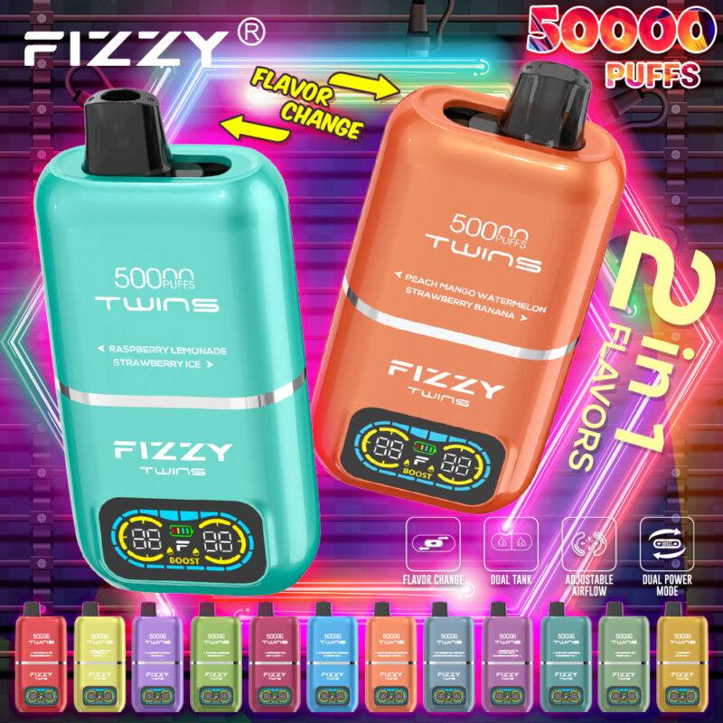 Fizzy Twins 50 000 bouffées (50K) – Double saveur – Écran LCD – Image principale - 100vaping
