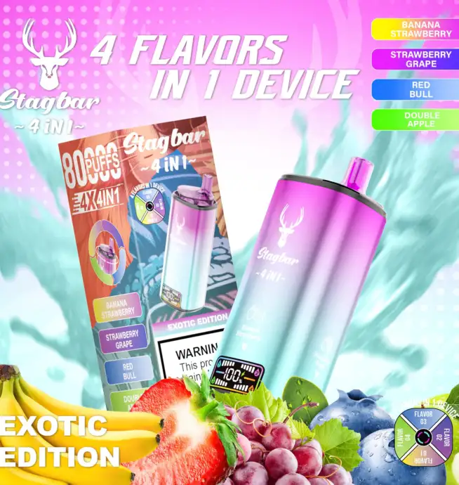 Stag Bar 4-en-1 80 000 bouffées : saveurs banane, fraise, fraise-raisin, Red Bull et double pomme – Cigarette électronique jetable – 100vaping
